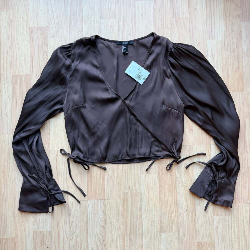 Brown Satin Chocolate Long Sleeve Blouse Front Wrap Tie Forever 21 Size Large